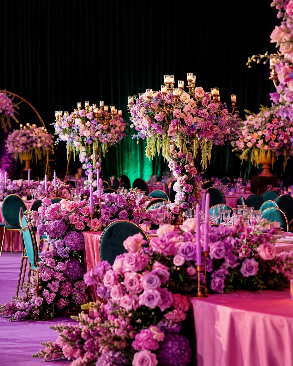 Fuchsia and violet floral tablescape crafted by Dolce Fiore